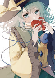 Rule 34 | 1girl, blouse, blush, bow, box, buttons, collar, covered mouth, diamond button, eyelashes, feet out of frame, frilled collar, frilled sleeves, frills, gift, green eyes, green hair, green skirt, hat, hat bow, hat ribbon, heart, heart-shaped box, heart of string, highres, holding, holding gift, komeiji koishi, long sleeves, looking at viewer, rena (ke), ribbon, shirt, short hair, simple background, skirt, solo, standing, third eye, touhou, valentine, white background, wide sleeves, yellow bow, yellow ribbon, yellow shirt