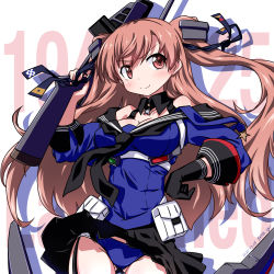Rule 34 | 1girl, 547th sy, adapted turret, black gloves, black skirt, blue panties, blue shirt, breasts, brown eyes, cannon, cleavage, cowboy shot, dated, garter straps, gloves, gluteal fold, highres, johnston (kancolle), kantai collection, light brown hair, long hair, machinery, medium breasts, off shoulder, panties, pleated skirt, sailor collar, school uniform, serafuku, shirt, single glove, skirt, solo, standing, turret, twitter username, two side up, underwear