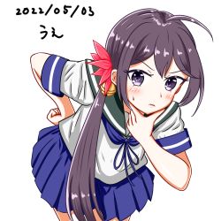 Rule 34 | 1girl, akebono (kancolle), anniversary, bell, blue sailor collar, blue skirt, commentary request, cowboy shot, dated, flower, grey eyes, grey hair, hair bell, hair flower, hair ornament, hand on own chin, jingle bell, kantai collection, long hair, looking at viewer, one-hour drawing challenge, pleated skirt, sailor collar, school uniform, serafuku, shirt, short sleeves, side ponytail, skirt, solo, very long hair, we (joshi ni fumare tai), white shirt