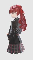 1girl black_jacket buttons closed_mouth commentary grey_background hair_ribbon hands_in_pockets highres jacket long_hair long_sleeves ns404 persona persona_5 persona_5_the_royal plaid_clothes plaid_skirt pleated_skirt ponytail profile red_eyes red_hair red_ribbon ribbon school_uniform shuujin_academy_school_uniform simple_background skirt solo symbol-only_commentary yoshizawa_kasumi