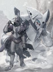Rule 34 | 1other, aggron, armor, belt, black scarf, blue eyes, boots, clenched hand, creatures (company), game freak, gauntlets, gen 3 pokemon, greaves, helmet, highres, knight, looking at another, mega pokemon, nintendo, open mouth, pokemon, pokemon (creature), ryairyai, scarf, snow, spiked gauntlets, standing, sword, weapon