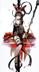 Rule 34 | 1girl, animal ears, black choker, black eyes, black footwear, bra, rabbit ears, choker, closed mouth, commentary request, copyright request, flower, garter straps, gloves, hairband, hand up, highres, bridal garter, long hair, long sleeves, looking at viewer, polearm, red flower, red rose, rose, single glove, single thighhigh, so-bin, solo, spear, thighhighs, thorns, underwear, weapon