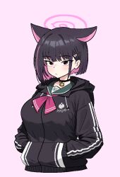 Rule 34 | 1girl, animal ears, black choker, black hair, black hoodie, black jacket, blue archive, blush, breasts, cat choker, cat ears, choker, closed mouth, cocktiel77, colored inner animal ears, colored inner hair, extra ears, hair ornament, hairclip, halo, hands in pockets, hood, hood down, hooded jacket, hoodie, jacket, kazusa (blue archive), large breasts, long sleeves, looking at viewer, multicolored hair, neckerchief, pink background, pink hair, pink halo, pink neckerchief, red eyes, school uniform, short hair, solo, two-tone hair