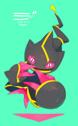 Rule 34 | banette, black eyes, commentary request, creatures (company), dated, full body, game freak, gen 3 pokemon, green background, hands up, highres, kikuyoshi (tracco), looking at viewer, mega banette, mega pokemon, nintendo, no humans, pokemon, pokemon (creature), signature, simple background, solo, zipper