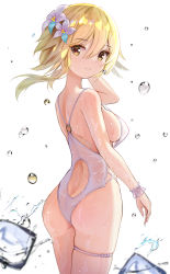 Rule 34 | 1girl, absurdres, arm behind head, arm up, ass, bare shoulders, blonde hair, breasts, bubble, closed mouth, commentary request, cowboy shot, flower, from behind, genshin impact, hair between eyes, hair flower, hair ornament, highres, looking at viewer, looking back, lumine (genshin impact), medium breasts, o-ring, o-ring swimsuit, one-piece swimsuit, prinz eugen1938, purple flower, short hair, sideboob, simple background, smile, solo, standing, swimsuit, thigh strap, white background, white one-piece swimsuit, wrist cuffs, yellow eyes