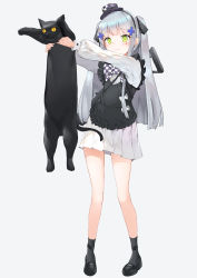 Rule 34 | 1girl, :3, aged down, animal, apron, assault rifle, black apron, black cat, black footwear, black socks, blunt bangs, blush, cat, checkered clothes, checkered neckwear, closed mouth, commentary, dduck kong, dress, facial mark, frills, girls&#039; frontline, green eyes, grey socks, gun, h&amp;k hk416, hair ornament, hairband, hat, heart, highres, hk416 (black kitty&#039;s gift) (girls&#039; frontline), hk416 (girls&#039; frontline), holding, holding animal, holding cat, loafers, long hair, long sleeves, longcat (meme), meme, mini hat, name connection, object namesake, official alternate costume, outstretched arms, pleated dress, purple headwear, ribbed legwear, rifle, shoes, silver hair, simple background, smile, socks, solo, standing, tilted headwear, two side up, very long hair, weapon, weapon on back, white background, white dress