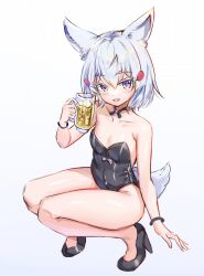 1girl alcohol animal_ears bare_legs beer beer_mug breasts cup fii_fii_(feefeeowo) fox_ears fox_girl fox_tail high_heels highres leotard mug phase_connect playboy_bunny purple_eyes short_hair simple_background small_breasts solo squatting tail tenma_maemi thighs virtual_youtuber white_background white_hair