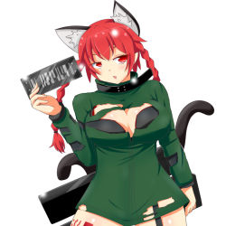 Rule 34 | 1girl, animal ears, braid, breasts, cat ears, cat tail, cleavage, contrapposto, cowboy shot, dress, fang, green dress, highres, himenomikan, holding, kaenbyou rin, large breasts, multiple tails, nekomata, red eyes, red hair, skin fang, solo, tail, torn clothes, touhou, twin braids
