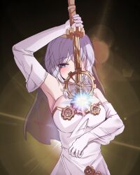 Rule 34 | 1girl, armpits, breasts, bridal veil, chanwoo, dress, e.g.o (project moon), faust (project moon), gears, gloves, glowing, highres, holding, holding weapon, limbus company, looking at viewer, object on breast, one eye covered, project moon, short hair, solo, veil, weapon, wedding dress, white dress, white eyes, white gloves, white hair
