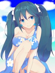 Rule 34 | 10s, 1girl, bare shoulders, bikini, black hair, blue eyes, blue hair, blue sky, breasts, cloud, day, day mello, floral print, hair ribbon, isuzu (kancolle), kantai collection, large breasts, long hair, looking to the side, matching hair/eyes, outdoors, ribbon, sarong, single-shoulder bikini, sky, smile, solo, squatting, swimsuit, twintails