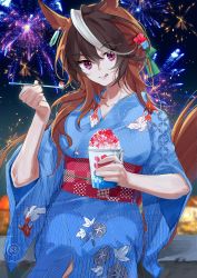 Rule 34 | 1girl, absurdres, alternate costume, animal ears, blue kimono, blurry, blurry background, breasts, brown hair, closed mouth, cup, earrings, fire, food, hair ornament, hand up, highres, holding, holding cup, holding spoon, horse ears, horse girl, horse tail, japanese clothes, jewelry, kimono, licking lips, long hair, long sleeves, looking at viewer, multicolored hair, night, outdoors, purple eyes, shaved ice, shidare (youh4016), single earring, sitting, solo, spoon, symboli rudolf (umamusume), tail, tongue, tongue out, umamusume, wide sleeves, yukata