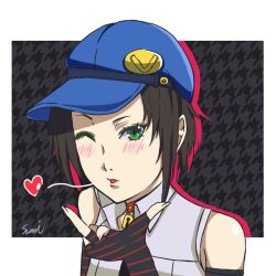 Rule 34 | 1girl, artist request, atlus, black hair, blowing kiss, blush, fingerless gloves, gloves, green eyes, lipstick, looking at viewer, makeup, marie (persona 4), one eye closed, parted lips, persona, persona 4, persona 4 the golden, solo, wink
