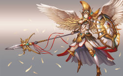 Rule 34 | 1girl, angel, angel wings, armor, blonde hair, boots, breasts, closed mouth, commentary request, feathers, floating hair, flying, green eyes, grey background, helm, helmet, holding, holding weapon, large breasts, maekawa yuichi, original, polearm, shield, solo, spear, spread wings, weapon, wings