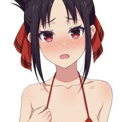 1girl bikini black_hair blush camui1104 d: hair_ribbon hand_up highres kaguya-sama_wa_kokurasetai_~tensai-tachi_no_renai_zunousen~ open_mouth parted_bangs red_bikini red_eyes red_ribbon ribbon shinomiya_kaguya simple_background solo swimsuit upper_body white_background