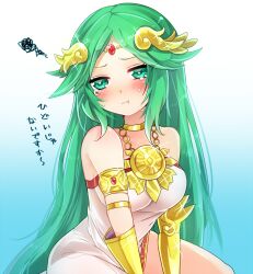 Rule 34 | 1girl, :i, armlet, bracer, breasts, closed mouth, commentary, crying, crying with eyes open, dress, forehead jewel, fukurahagi uomaru, furrowed brow, glint, gradient background, green eyes, green hair, hair flaps, half-closed eyes, head wreath, kid icarus, kid icarus uprising, large breasts, light blue background, long hair, looking at viewer, nintendo, palutena, parted bangs, pout, solo, squiggle, tears, translated, very long hair, white dress