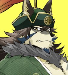 Rule 34 | 1boy, animal ears, bara, bare pectorals, beige fur, brown hair, chest hair, close-up, expressionless, facial hair, fang, furry, furry male, goatee, green headwear, green kimono, hadanugi dousa, hair between eyes, japanese clothes, kimono, large pectorals, long hair, looking at viewer, male focus, mature male, muscular, muscular male, navel, ohayashi55, open clothes, open kimono, pectorals, portrait, solo, stomach, temujin (housamo), tokyo houkago summoners, wolf boy, wolf ears