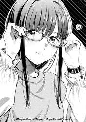 Rule 34 | 1girl, adjusting eyewear, alternate costume, aniplex, bespectacled, black background, black theme, blunt bangs, circle, close-up, closed mouth, commentary request, fingernails, formal, frilled sleeves, frills, fuji fujino, glasses, greyscale, halftone, hands up, heart, highres, jitome, light blush, light smile, long hair, long sleeves, looking at viewer, magia record: mahou shoujo madoka magica gaiden, mahou shoujo madoka magica, monochrome, nanami yachiyo, official art, puffy long sleeves, puffy sleeves, shirt, sidelocks, simple background, solo, straight hair, striped, striped background, two-tone background, upper body, watch, white background, wristwatch
