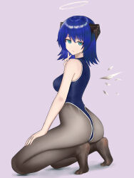 Rule 34 | 1girl, :/, absurdres, arknights, ass, bare shoulders, black pantyhose, blue eyes, blue hair, blue one-piece swimsuit, breasts, covered erect nipples, eyeliner, from behind, full body, grey background, halo, hand on own thigh, highleg, highleg leotard, highleg swimsuit, highres, horns, kneeling, leotard, looking at viewer, makeup, medium breasts, mostima (arknights), one-piece swimsuit, pantyhose, pantyhose under swimsuit, red eyeliner, school swimsuit, short hair, skin tight, soles, solo, swimsuit, tiptoes, toes, user dkzg8747, wings