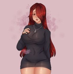 Rule 34 | bodycon, brown eyes, cross, highres, inverted cross, lipgloss, lipstick, looking at viewer, makeup, nail polish, parasoul (skullgirls), pink background, red hair, red lips, red nails, skullgirls, solo
