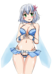 Rule 34 | 10s, 1girl, amagi brilliant park, blue hair, blush, breasts, cameltoe, cleavage, cleft of venus, earrings, fairy wings, female pubic hair, flower, green eyes, hair flower, hair ornament, highres, jewelry, looking at viewer, muse (amaburi), navel, open mouth, pubic hair, shiny skin, short hair, simple background, sketch, smile, solo, thigh gap, thong, wan&#039;yan aguda, white background, wings