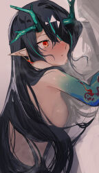 Rule 34 | 1girl, absurdres, ao oni (onioni-aoi), aqua hair, arknights, black hair, blue skin, blush, breasts, colored extremities, colored skin, completely nude, dragon horns, dusk (arknights), earrings, gradient skin, hair over one eye, highres, horns, jewelry, long hair, medium breasts, multicolored hair, nude, parted lips, pointy ears, red eyes, sideboob, solo, streaked hair, two-tone hair, upper body, very long hair