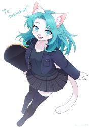 Rule 34 | 1girl, animal ear fluff, animal ears, black thighhighs, blue eyes, blue hair, cat ears, cat girl, cat tail, commission, cropped jacket, fang, female focus, furry, furry female, highres, leaning forward, looking at viewer, open mouth, original, pleated skirt, simple background, skateboard, skirt, solo, tail, thighhighs, white background, yamane512