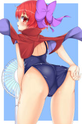 Rule 34 | 1girl, adjusting clothes, adjusting swimsuit, ass, blush, bow, cape, daichi (tokoya), electric fan, from behind, hair bow, hand fan, highres, leaning, leaning forward, looking back, looking down, one-piece swimsuit, open mouth, red eyes, red hair, school swimsuit, school uniform, sekibanki, shiny clothes, shiny skin, short hair, simple background, solo, sweat, swimsuit, tokoya, touhou
