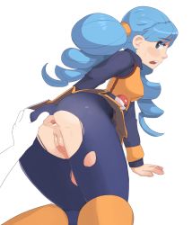 Rule 34 | 10s, 1girl, ace trainer (pokemon), all fours, anus, ass, ass grab, blue hair, cleft of venus, creatures (company), fridge (artist), game freak, highres, looking back, nintendo, no panties, npc trainer, pantyhose, poke ball, pokemon, pokemon bw, pussy, spread anus, torn clothes, torn legwear, uncensored