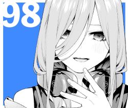 Rule 34 | 1girl, blue background, blush, go-toubun no hanayome, greyscale, hair between eyes, hand up, haruba negi, haruba negi (style), headphones, headphones around neck, long hair between eyes, looking at viewer, medium hair, monochrome, nakano miku, official art, open mouth, parted lips, shirt, smile, solo, teeth, upper teeth only