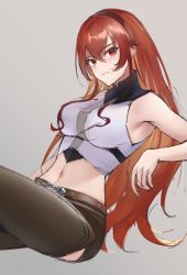 Rule 34 | 1girl, aged up, ahoge, armpits, bare shoulders, black shorts, blush, breasts, brown hairband, chaps, closed mouth, commentary, cowboy shot, crop top, crossed bangs, eris greyrat, grey background, hair between eyes, hairband, highres, large breasts, leaning back, long hair, looking at viewer, midriff, mushoku tensei, navel, rausu (undeadmachine), red eyes, red hair, shirt, short shorts, shorts, sidelocks, simple background, sitting, sleeveless, sleeveless shirt, solo, thick eyebrows, very long hair, white shirt
