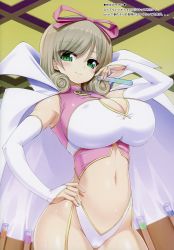 Rule 34 | 1girl, absurdres, blonde hair, blush, bow, breasts, bridal gauntlets, cape, cleavage, cleavage cutout, closed mouth, clothing cutout, covered erect nipples, green eyes, hair bow, hand on own hip, haruka (senran kagura), highres, holding, huge filesize, indoors, large breasts, leotard, looking at viewer, navel, pink bow, scan, senran kagura, shiny skin, shuz (dodidu), smile, solo, stomach, sweat, sweatdrop, test tube