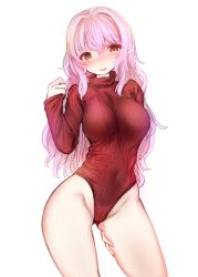Rule 34 | 1girl, :d, absurdres, blush, breasts, covered navel, gluteal fold, green eyes, groin, hair between eyes, harigane shinshi, heattech leotard, highres, leotard, open mouth, original, pink hair, pointy ears, ribbed sweater, simple background, sleeves past wrists, smile, solo, star-shaped pupils, star (symbol), sweatdrop, sweater, symbol-shaped pupils, thick eyebrows, turtleneck, white background