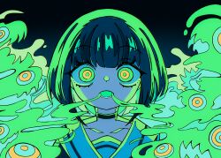 Rule 34 | 1girl, absurdres, black background, black choker, black shirt, blue background, blunt bangs, bob cut, breath, breathing, choker, collarbone, commentary, english commentary, glowing, glowing eyes, glowing mouth, green eyes, highres, looking at viewer, melonbread, neon palette, open mouth, original, pale skin, sailor collar, shirt, short hair, solo, upper body, white sailor collar, wide-eyed, yellow pupils