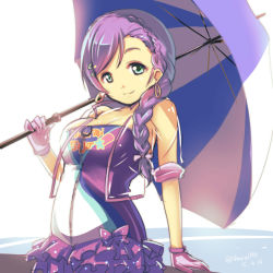 Rule 34 | 10s, 1girl, armband, braid, character name, dated, earrings, gloves, green eyes, hair ornament, hair over shoulder, hairpin, holding, holding umbrella, jacket, jewelry, looking at viewer, love live!, love live! school idol festival, love live! school idol project, muneshiro (hitsuji kikaku), purple hair, race queen, see-through, see-through jacket, skirt, smile, solo, tight clothes, tojo nozomi, transparent jacket, twitter username, umbrella