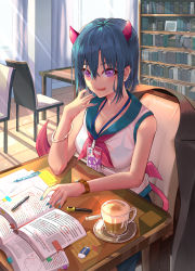 Rule 34 | 1girl, :q, bangle, blue bra, blue hair, blue nails, blush, book, bookshelf, bra, bracelet, breasts, chair, cleavage, coffee, collarbone, cup, curtains, day, demon girl, demon horns, demon tail, demon wings, eraser, haowei wu, highres, horns, id card, indoors, jewelry, large breasts, light rays, looking at viewer, low wings, marker, mole, mole under eye, nail polish, neckerchief, note, on chair, open book, pen, pink neckerchief, pink wings, purple eyes, saucer, see-through, shirt, short hair, sitting, sleeveless, sleeveless shirt, smile, solo, sunbeam, sunlight, table, tail, tongue, tongue out, underwear, watch, white shirt, wings, wristwatch