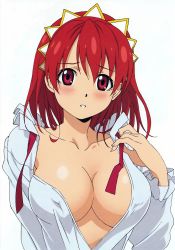 Rule 34 | 00s, 1girl, blush, breasts, cecily cambell, cleavage, covered erect nipples, headdress, highres, long hair, no bra, non-web source, open clothes, open shirt, red eyes, red hair, seiken no blacksmith, shirt, simple background, solo, undressing, white background