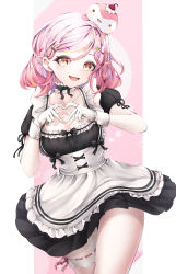 Rule 34 | 1girl, absurdres, aisu kurimu, amai direct, apron, black collar, black dress, breasts, cleavage, collar, collarbone, detached collar, dress, eyebrows, eyelashes, feet out of frame, female focus, finger heart, frilled collar, frilled dress, frills, gloves, highres, looking at viewer, maid, maid apron, medium breasts, medium hair, open mouth, pink background, pink hair, puffy short sleeves, puffy sleeves, shironagase, short sleeves, simple background, smile, solo, standing, thigh strap, tongue, two-tone collar, virtual youtuber, white apron, white collar, white gloves, yellow eyes