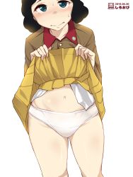 Rule 34 | 1girl, artist logo, artist name, black eyes, black hair, blush, brown jacket, chi-hatan (emblem), chi-hatan military uniform, closed mouth, clothes lift, commentary, cowboy shot, crotch seam, curly hair, dated, emblem, frown, girls und panzer, highres, jacket, lifting own clothes, long sleeves, looking at viewer, medium hair, military, military uniform, miniskirt, navel, panties, pleated skirt, shiroobi (whitebeltmaster), shirt, simple background, skirt, skirt lift, solo, standing, sweatdrop, teramoto tomiko, thighs, underwear, uniform, white background, white panties, white shirt, yellow skirt