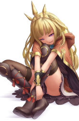Rule 34 | 10s, 1girl, black thighhighs, blonde hair, boots, bracelet, cagliostro (granblue fantasy), capelet, crown, granblue fantasy, highres, hugging own legs, indian style, jewelry, knee boots, kurione (zassou), long hair, looking at viewer, pink eyes, shirt, sitting, skirt, solo, thighhighs, very long hair