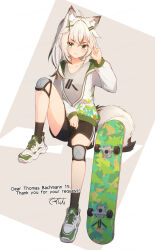 Rule 34 | 1girl, ahoge, animal ear fluff, animal ears, black shorts, black socks, blush, breasts, closed mouth, collarbone, commentary request, coreytaiyo, english text, full body, green eyes, grey background, grey hair, grey shirt, hair between eyes, hair ornament, hairclip, hand up, highres, jacket, knee pads, knee up, long hair, long sleeves, looking at viewer, multicolored hair, open clothes, open jacket, original, puffy long sleeves, puffy sleeves, shirt, shoes, short shorts, shorts, sitting, skateboard, sleeves past wrists, small breasts, smile, socks, solo, streaked hair, tail, thank you, two-tone background, v, white background, white footwear, white hair, white jacket, x hair ornament
