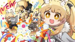 Rule 34 | 1boy, 3girls, :d, absurdres, animal ear fluff, animal ears, arknights, armored boots, black bow, black dress, black footwear, black headwear, blemishine (arknights), blonde hair, blue eyes, boots, bow, box, brown eyes, chibi, closed mouth, commentary, confetti, dog-san, dress, english commentary, fang, garrison cap, gauntlets, grey thighhighs, hair between eyes, hair bow, hat, highres, holding, holding box, horse boy, horse ears, horse girl, horse tail, long hair, mini person, miniboy, minigirl, mlynar (arknights), multiple girls, nearl (arknights), newspaper, open mouth, ponytail, shoes, short eyebrows, siblings, smile, streamers, tail, thick eyebrows, thighhighs, whislash (arknights)