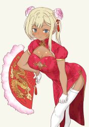 Rule 34 | 1girl, absurdres, blonde hair, blue eyes, breasts, china dress, chinese clothes, cleavage, daipunch, dark-skinned female, dark skin, dress, flower, folding fan, garter straps, gloves, hair flower, hair ornament, hand fan, highres, holding, holding fan, large breasts, leaning forward, long hair, original, simple background, standing, tan, thighhighs, white background, white gloves, white thighhighs