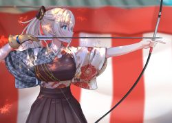 Rule 34 | 1girl, alternate costume, alternate hairstyle, archery, ayasaki (711733), blonde hair, bow, bow (weapon), cowboy shot, drawing bow, duel monster, from side, gloves, green eyes, hair between eyes, hakama, hakama skirt, highres, holding, holding bow (weapon), holding weapon, japanese clothes, kyuudou, muneate, partially fingerless gloves, partly fingerless gloves, ponytail, short sleeves, single glove, skirt, sky striker ace - raye, solo, weapon, yu-gi-oh!, yugake