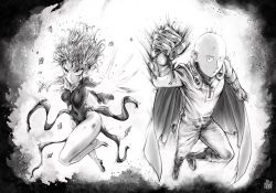 Rule 34 | 1boy, 1girl, bald, belt, blood, blood on face, bodysuit, boots, breasts, bruise, cape, clenched hand, closed mouth, commentary, covered navel, debris, dress, english commentary, floating clothes, floating hair, flying, gloves, glowing, greyscale, high heels, highres, injury, jitome, looking at viewer, medium breasts, monochrome, navel, one-punch man, pants, pelvic curtain, reaching, reaching towards viewer, saitama (one-punch man), sanpaku, shoes, short hair, signature, single shoe, solo, superhero costume, tatsumaki, telekinesis, the golden smurf, torn clothes