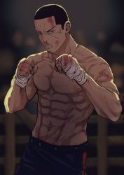 Rule 34 | 1boy, abs, black eyes, black hair, blood, blood on face, blood on hands, blue pants, buzz cut, facial hair, fighting stance, golden kamuy, highres, male focus, navel, pants, pectorals, short hair, solo, stubble, toned, toned male, tonta (tonta1231), topless male, tsukishima hajime, very short hair