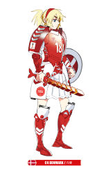 Rule 34 | 1girl, 2018 fifa world cup, armor, armored boots, blonde hair, boots, danish flag, dannebrog, denmark, fate (series), full body, hairband, holding, holding sword, holding weapon, mordred (fate), pauldrons, ponytail, red footwear, shield, shoulder armor, simple background, skirt, soccer, solo, sword, thick eyebrows, weapon, white background, white skirt, world cup, yu yanshu