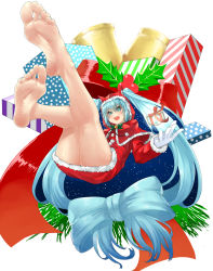 Rule 34 | 1girl, aqua eyes, aqua hair, bare legs, barefoot, bell, blue eyes, blue hair, bow, box, capelet, christmas, dress, eiji (eiji), feet, feet up, foot focus, fur-trimmed dress, fur-trimmed headwear, fur trim, gift, gift box, giving, gloves, greek toe, hatsune miku, highres, hood, hood up, hooded capelet, long hair, looking at viewer, open mouth, red headwear, ribbon, skirt, smile, soles, solo, toes, twintails, very long hair, vocaloid