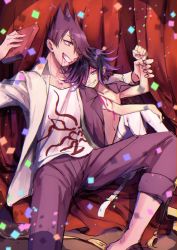 Rule 34 | 2boys, arm up, beard, beige shirt, black hair, blood, blood from mouth, book, collared shirt, commentary request, danganronpa (series), danganronpa v3: killing harmony, dress shirt, facial hair, goatee, grin, hair over one eye, highres, holding, holding another&#039;s wrist, holding book, jacket, jacket on shoulders, knees up, looking at viewer, male focus, momota kaito, multiple boys, nanin, open clothes, open shirt, oma kokichi, pants, pink blood, pink hair, pink pants, purple eyes, purple hair, shirt, short hair, sitting, sketch, smile, spiked hair, teeth, topless male, white pants, white shirt, yaoi