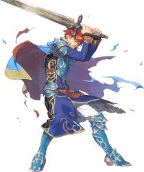 Rule 34 | 1boy, armor, blue eyes, cape, durrandal, eliwood (fire emblem), fire emblem, fire emblem: the blazing blade, fire emblem heroes, full body, highres, male focus, nintendo, official art, red hair, short hair, smile, standing, sword, torn clothes, transparent background, weapon