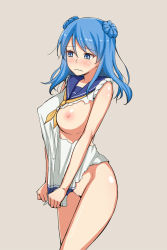 Rule 34 | 10s, 1girl, blue eyes, blue hair, blush, bottomless, breast slip, breasts, cleft of venus, covered erect nipples, huge breasts, kantai collection, kurowan, long hair, matching hair/eyes, nipples, one breast out, pussy, school uniform, shirt tug, sleeves rolled up, solo, torn clothes, uncensored, urakaze (kancolle), wavy mouth